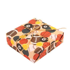Vintage kraft paper gift wrap featuring sports patterns and natural twine cord