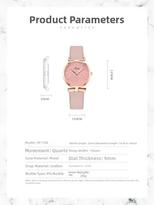 Detailed specs of the pink leaf pattern dial watch with rose gold case and leather strap