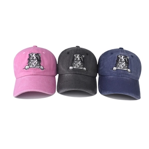 Vintage washed cotton baseball caps with embroidered dog face in pink, gray and navy colors