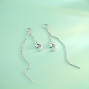 S925 sterling silver star and moon tassel drop earrings with sparkling cubic zirconia