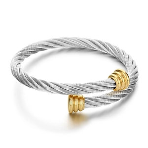 Minimalist twisted cable steel wire open bangle in two-tone gold and silver finish