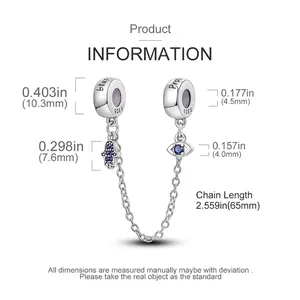 S925 silver evil eye safety chain pendant with product dimension details and blessings