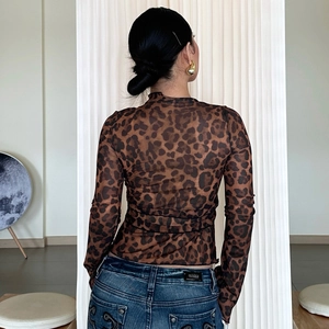 Detailed back view of leopard print sheer mesh top with elegant long sleeves