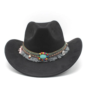 Chapeau de cowboy en daim noir avec perles colorées et pierre turquoise décorative