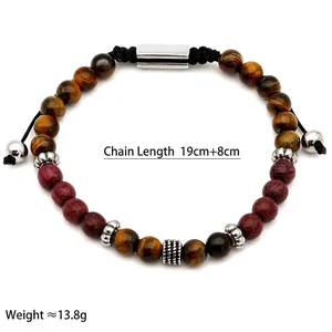 Men's Tiger Eye natural stone beaded bracelet with adjustable stainless steel buckle