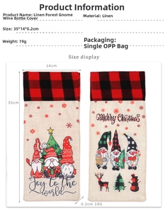 Linen Christmas wine bottle cover detail showing 35x14cm size and gnome print