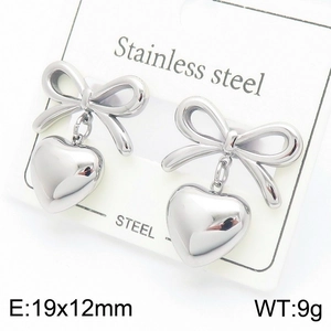 Silver stainless steel bow and polished heart drop earrings for women in modern style