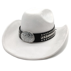 Detail of white suede cowboy hat with crystal studded black leather band and silver buckle