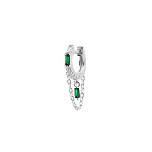 Detail of S925 silver hoop earrings with emerald green rectangular zircon and tassel chain