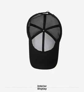 Detail of breathable mesh baseball cap with 100% cotton label and internal stitching