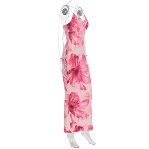 Detailed side view of slim fit pink floral maxi dress with delicate spaghetti straps