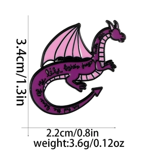 Detail view of purple dragon enamel pin showing exact dimensions 3.4cm by 2.2cm and weight