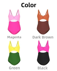 Detail view of four-piece color-block girls' swimsuits with waist cutouts and V-necklines
