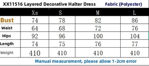 Size chart for halter ruffle mini dress showing measurements for bust waist and length
