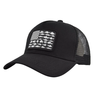Detail view of black trucker hat with mesh back and patriotic fish silhouette patch