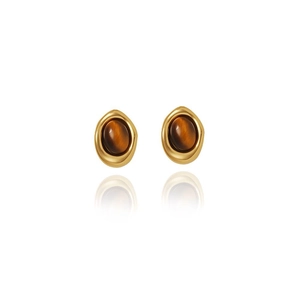 Golden titanium steel stud earrings set with oval brown tiger eye stones and mirror reflection