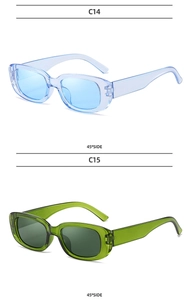 Side view of retro rectangular sunglasses in transparent blue and green plastic frames