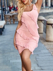 Pink one-shoulder ruffle mini dress with tiered frills and slim fit bodycon style