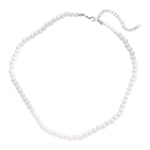 Classic white imitation pearl choker necklace with silver extension chain and lobster clasp.