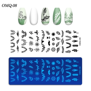 Detail of OMQ-08 nail stamping plate with nature leaf patterns and floral manicure effects