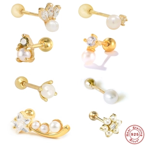 Artificial Pearl Zircon Ear Cartilage Studs With 925 Sterling Silver Earring Post Screw Back Geometric Star Heart Flower Jewelry Women