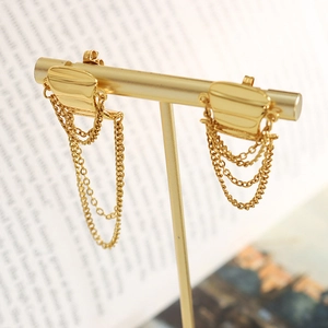 Elegant gold-plated brass fringe tassel earrings displayed on a professional T-stand