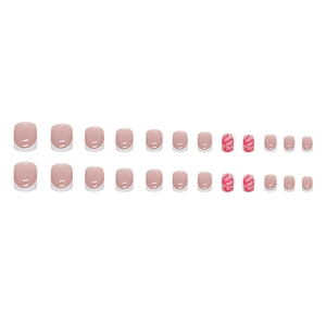 Short square press-on nails set with red wavy French patterns and minimalist white details