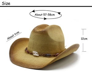 Detailed size specifications for the Western straw hat with bead decoration