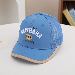 Detail of blue breathable mesh kids baseball cap with white 3D Capybara embroidery