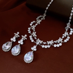 Détail de la parure collier et boucles d'oreilles goutte en zircon argenté