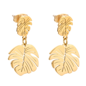 Pair of 18K gold plated stainless steel monstera leaf drop earrings on white background