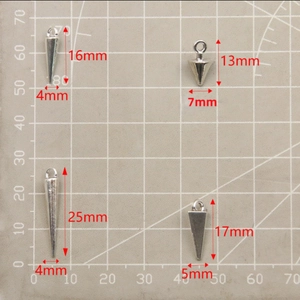 Four types of silver alloy solid cone spike pendants for DIY jewelry with dimensions