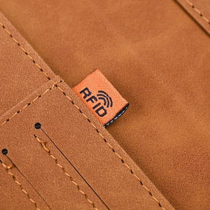 Brown RFID blocking PU leather passport holder with detailed stitching and map texture