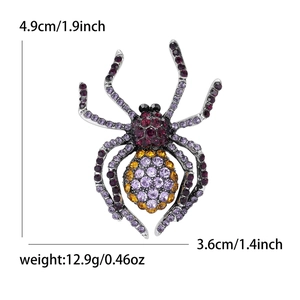 Retro spider brooch with purple and amber crystals for suits, 4.9cm height size detail