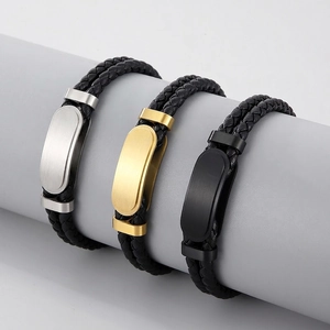 Bracelet Homme En Cuir Tressé Plaque Métallique Acier Inoxydable Jonc Punk Bijoux Cadeau Décontracté Tendance