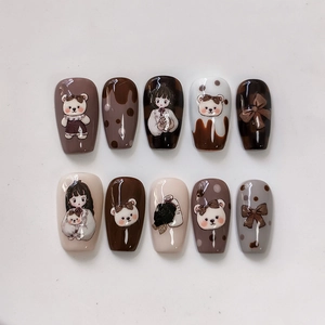 3D embossed nail stickers featuring cute cartoon bears, girls and ribbons in mocha brown