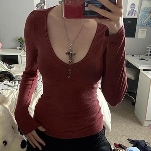 T-Shirt Femme Manches Longues Maille Côtelée Col V Dentelle Boutons Coupe Ajustée Haut Décontracté