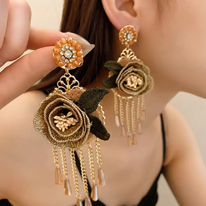 Vintage bohemian gold tassel earrings with embroidered fabric roses for women