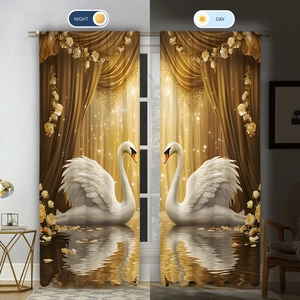 Detail view of swan and floral print curtains showing night and day lighting effects