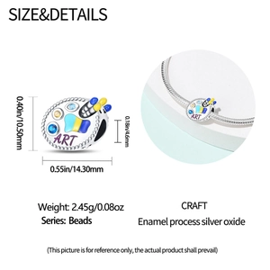 Detailed view of enamel artist palette bead with size specs for charm bracelets