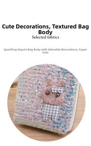 Detail of colorful sequin mini bag with 3D plush rabbit patch and checkered bow texture
