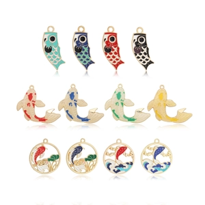 Selection of twelve colorful enamel koi and carp windsock charms on gold alloy base