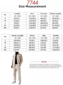 Detailed size chart for men fashion cardigan suit jacket and trousers set with measurements