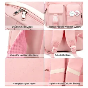 Detail of pink waterproof nylon backpack showing reinforced stitching and zippers