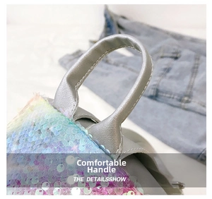Detailed close-up of rainbow sequin backpack featuring a durable silver faux leather handle