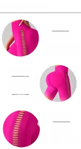 Detail of rose pink yoga leggings featuring hollow side lace-up and seamless high waist