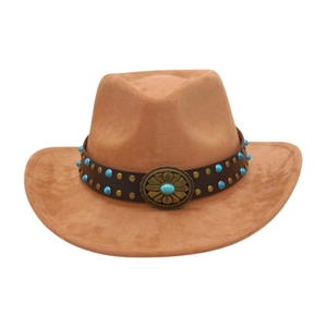 Ethnic camel western cowboy hat with turquoise beaded leather band and vintage concho