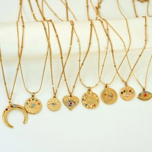 Bohemian Vintage Gold Plated Stainless Steel Pendant Necklace Colorful Zircon Evil Eye Sun Moon Heart Jewelry For Women