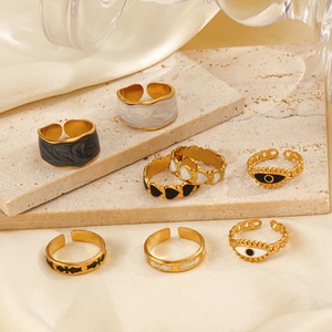 Vergoldeter Edelstahl Verstellbarer Offener Ring Für Damen Herz Böser Blick Marmor Emaille Modeschmuck Schick