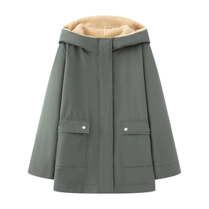 Ethnic style hooded parka in grey-green with warm beige fleece lining and large pockets